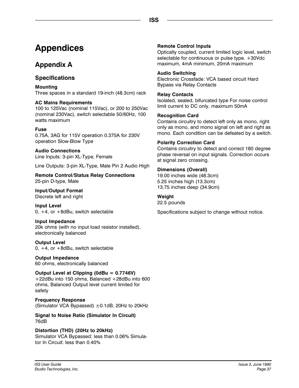 Appendices, Appendix a | Studio Technologies ISS User Manual | Page 36 / 45