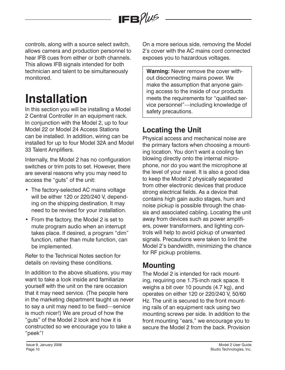 Installation, Locating the unit, Mounting | Locating the unit mounting | Studio Technologies IFB Plus 2007 User Manual | Page 10 / 51