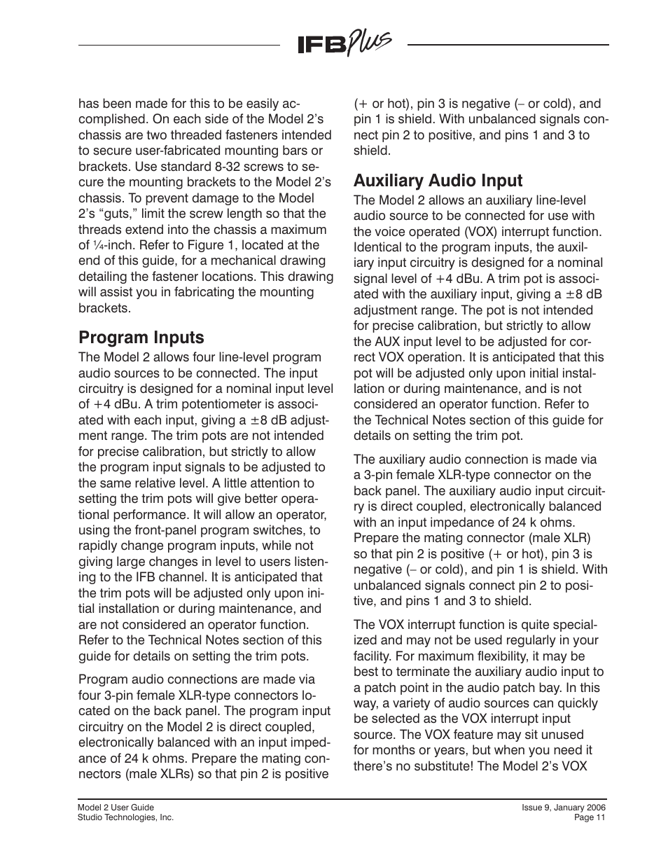 Program inputs, Auxiliary audio inputs, Program inputs auxiliary audio input | Auxiliary audio input | Studio Technologies IFB Plus 2007 User Manual | Page 11 / 51