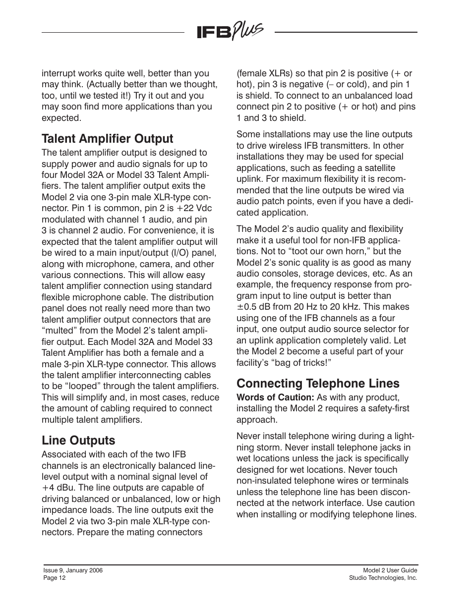Talent amplifier output, Line outputs, Connecting telephone lines | Studio Technologies IFB Plus 2007 User Manual | Page 12 / 51