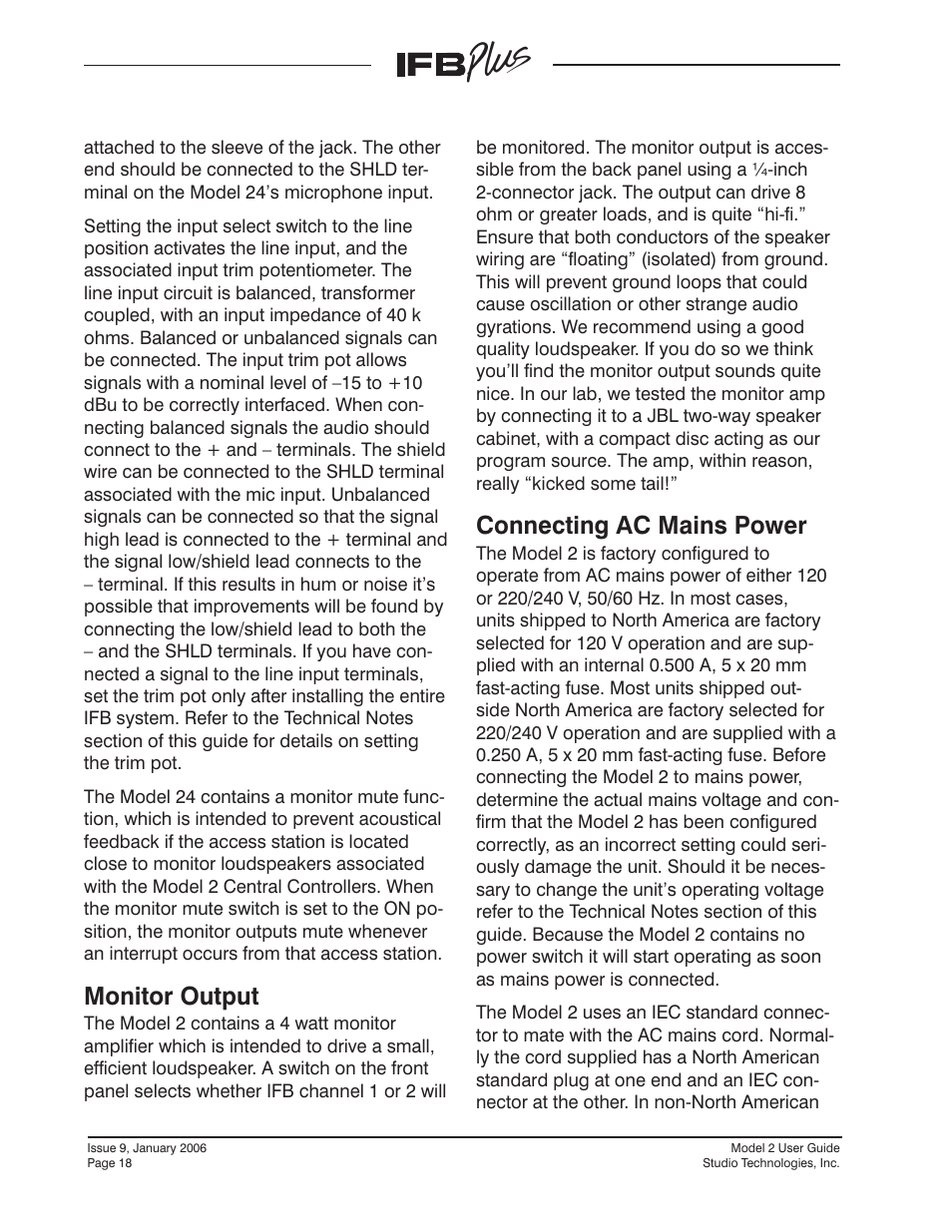 Monitor output, Connecting ac mains power, Monitor output connecting ac mains power | Studio Technologies IFB Plus 2007 User Manual | Page 18 / 51