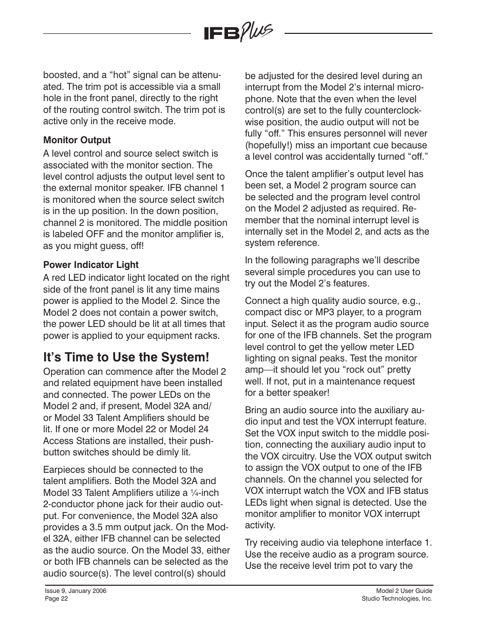 It's time to use the system, It’s time to use the system | Studio Technologies IFB Plus 2007 User Manual | Page 22 / 51