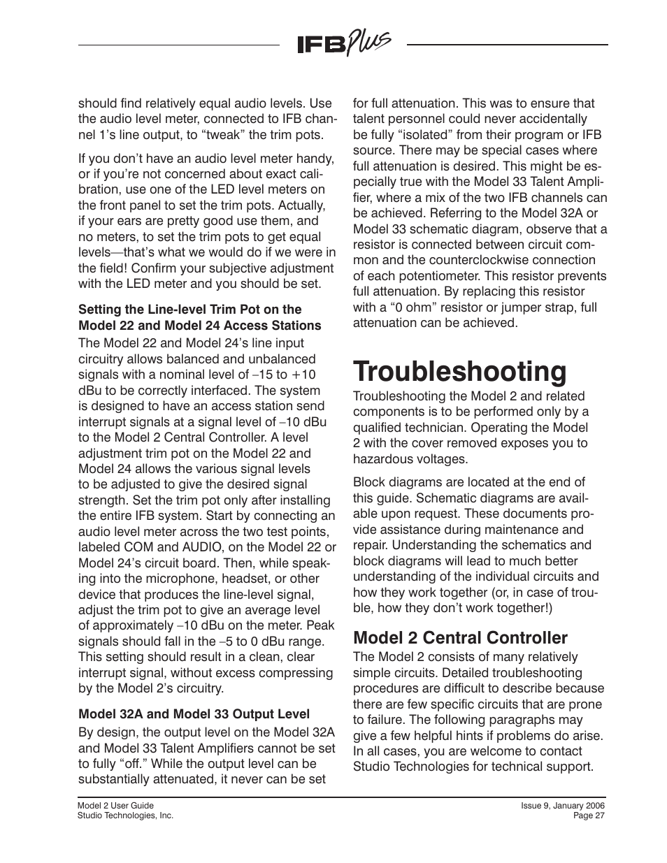 Troubleshooting, Model 2 central controller | Studio Technologies IFB Plus 2007 User Manual | Page 27 / 51
