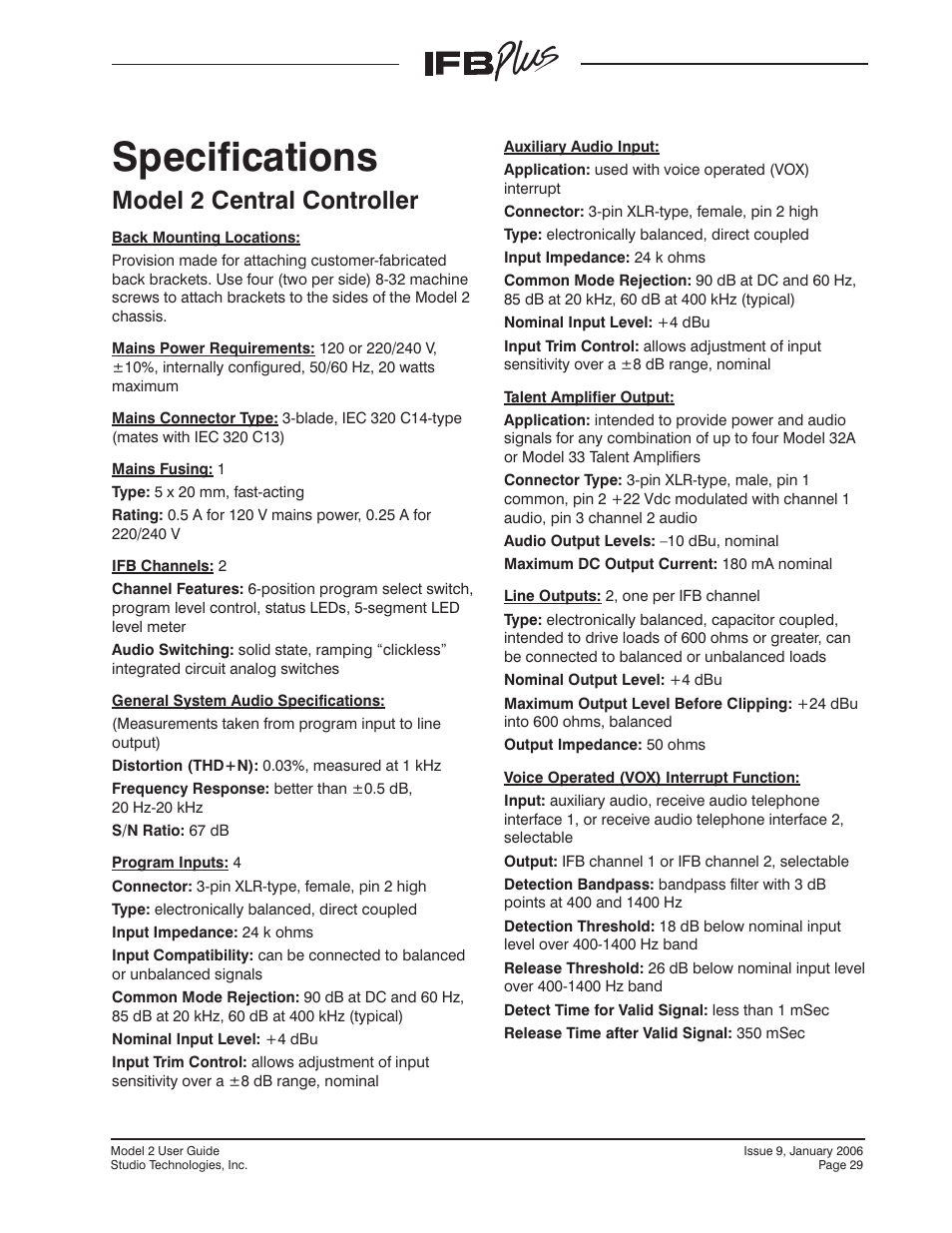 Specifications, Model 2 central controller | Studio Technologies IFB Plus 2007 User Manual | Page 29 / 51