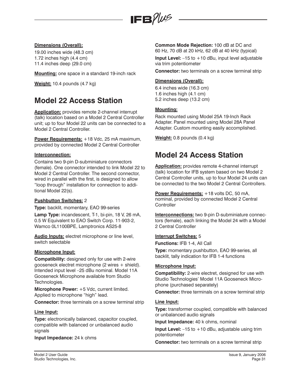 Model 22 access station, Model 24 access station | Studio Technologies IFB Plus 2007 User Manual | Page 31 / 51