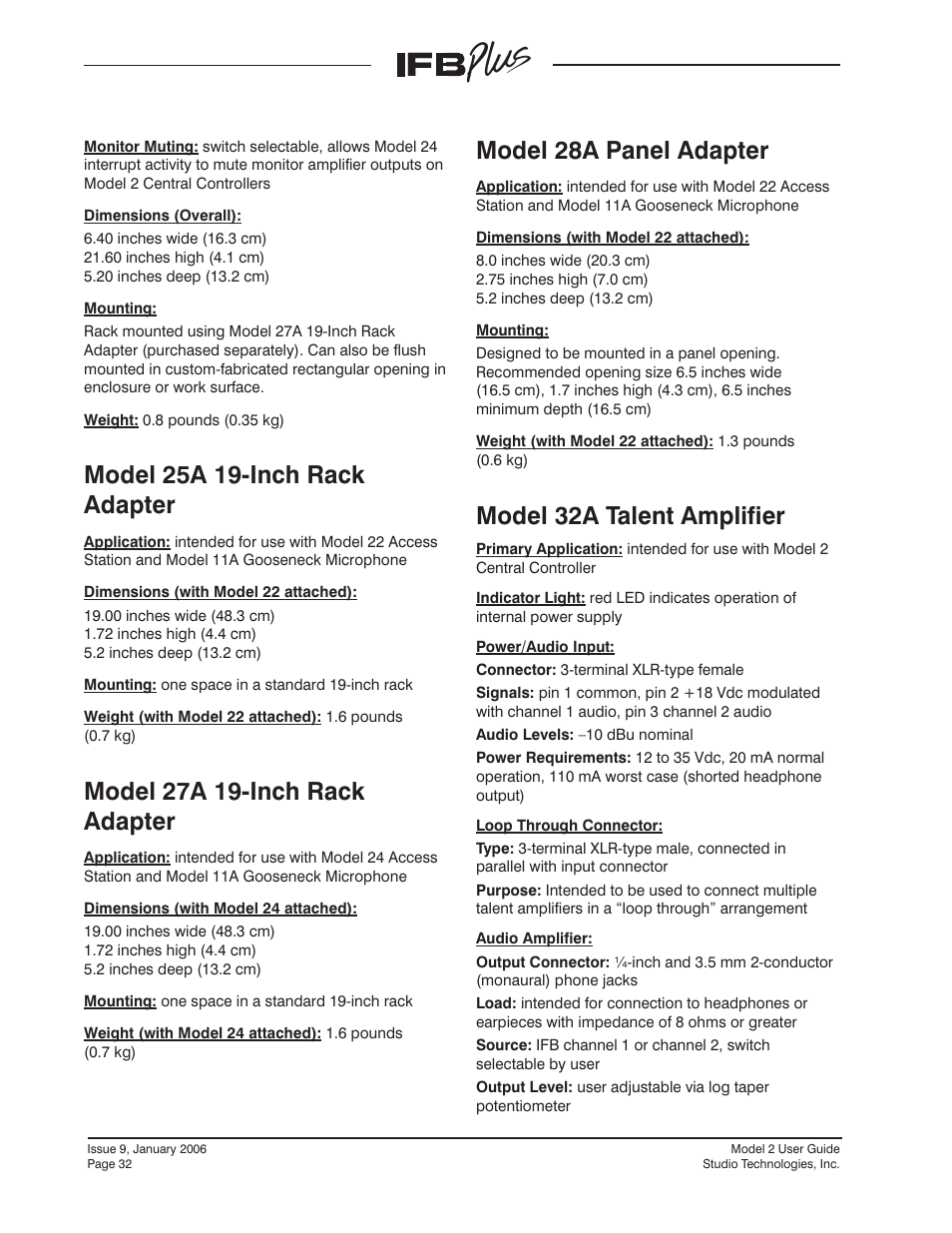 Model 25a 19-inch rack adapter, Model 27a 19-inch rack adapter, Model 28a panel adapter | Model 32a talent amplifier | Studio Technologies IFB Plus 2007 User Manual | Page 32 / 51