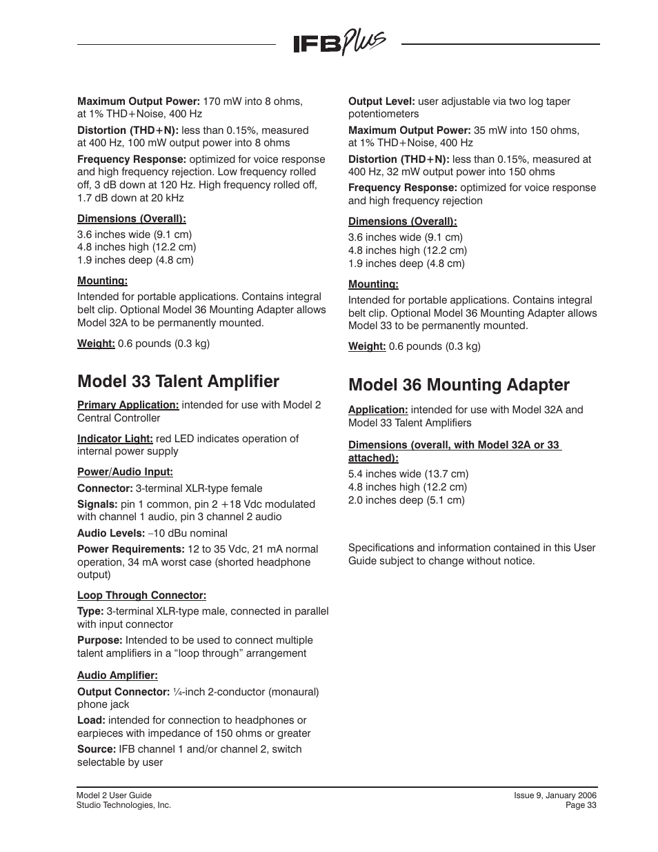 Model 33 talent amplifier, Model 36 mounting adapter | Studio Technologies IFB Plus 2007 User Manual | Page 33 / 51