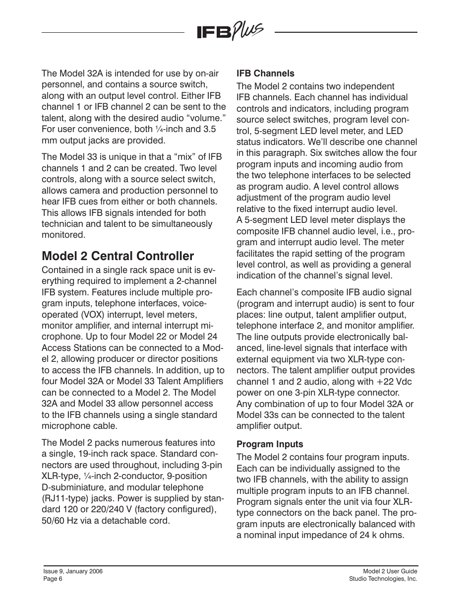 Model 2 central controller | Studio Technologies IFB Plus 2007 User Manual | Page 6 / 51