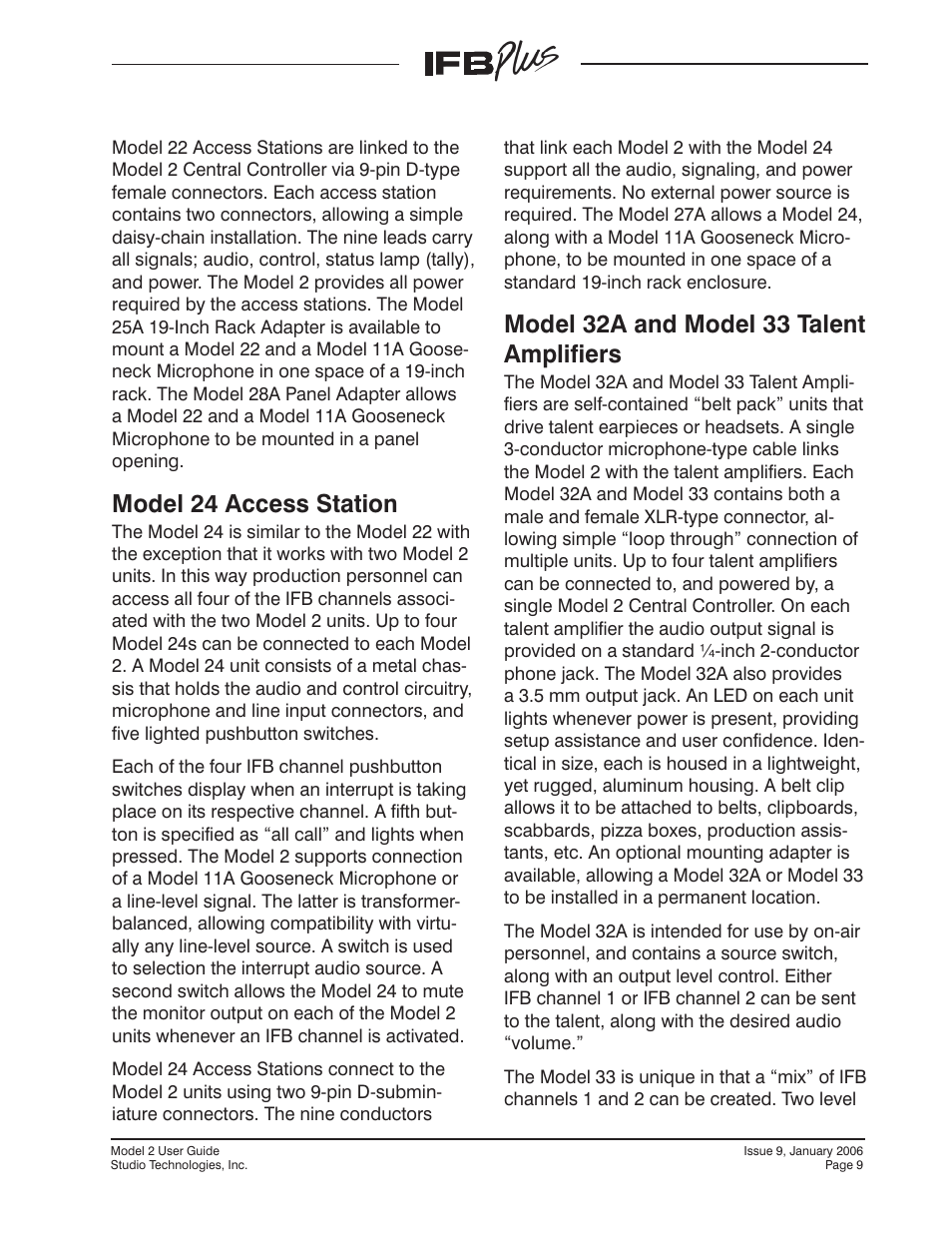 Model 24 access station, Model 32a and model 33 talent amplifiers | Studio Technologies IFB Plus 2007 User Manual | Page 9 / 51