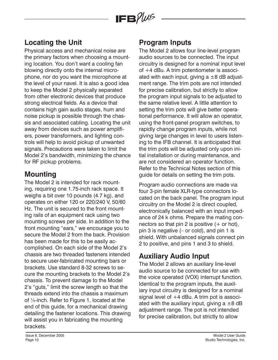 Locating the unit, Mounting, Program inputs | Auxiliary audio input | Studio Technologies IFB Plus 2005 User Manual | Page 10 / 55