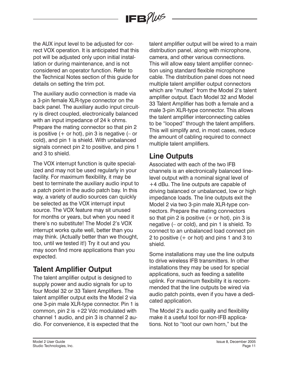 Talent amplifier output, Line outputs | Studio Technologies IFB Plus 2005 User Manual | Page 11 / 55