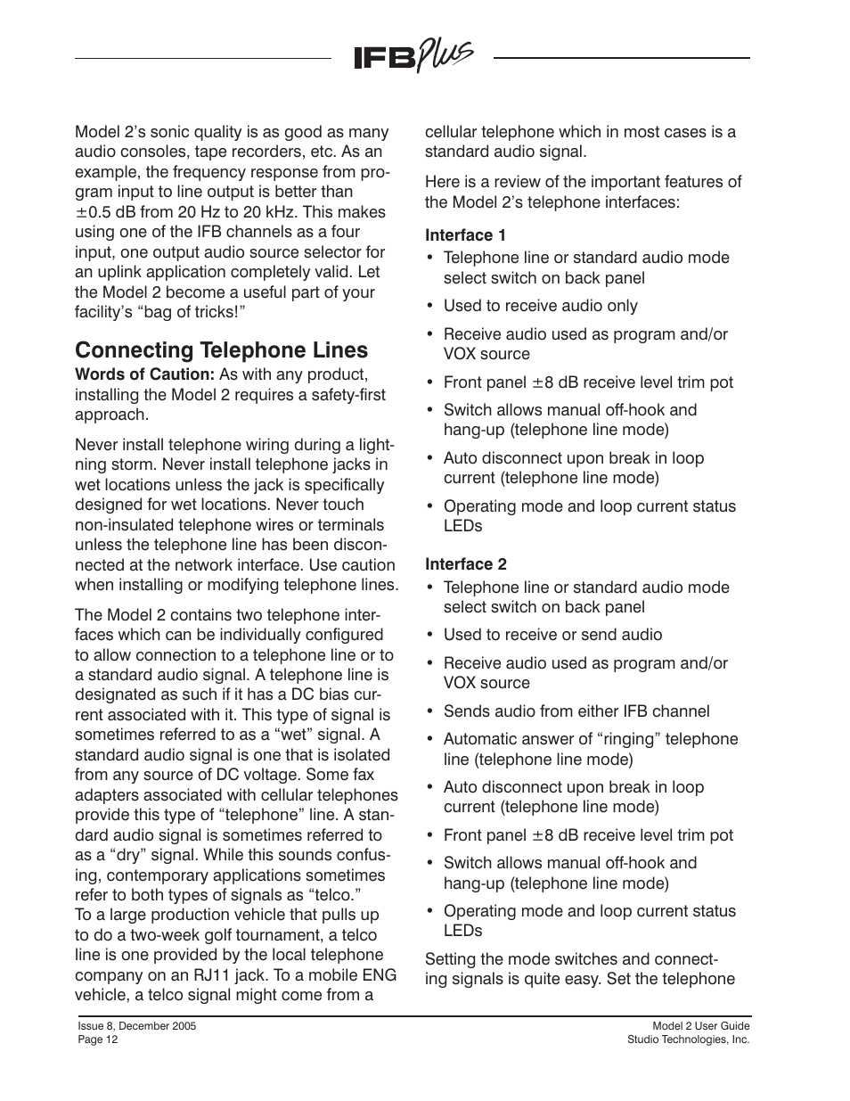 Connecting telephone lines | Studio Technologies IFB Plus 2005 User Manual | Page 12 / 55