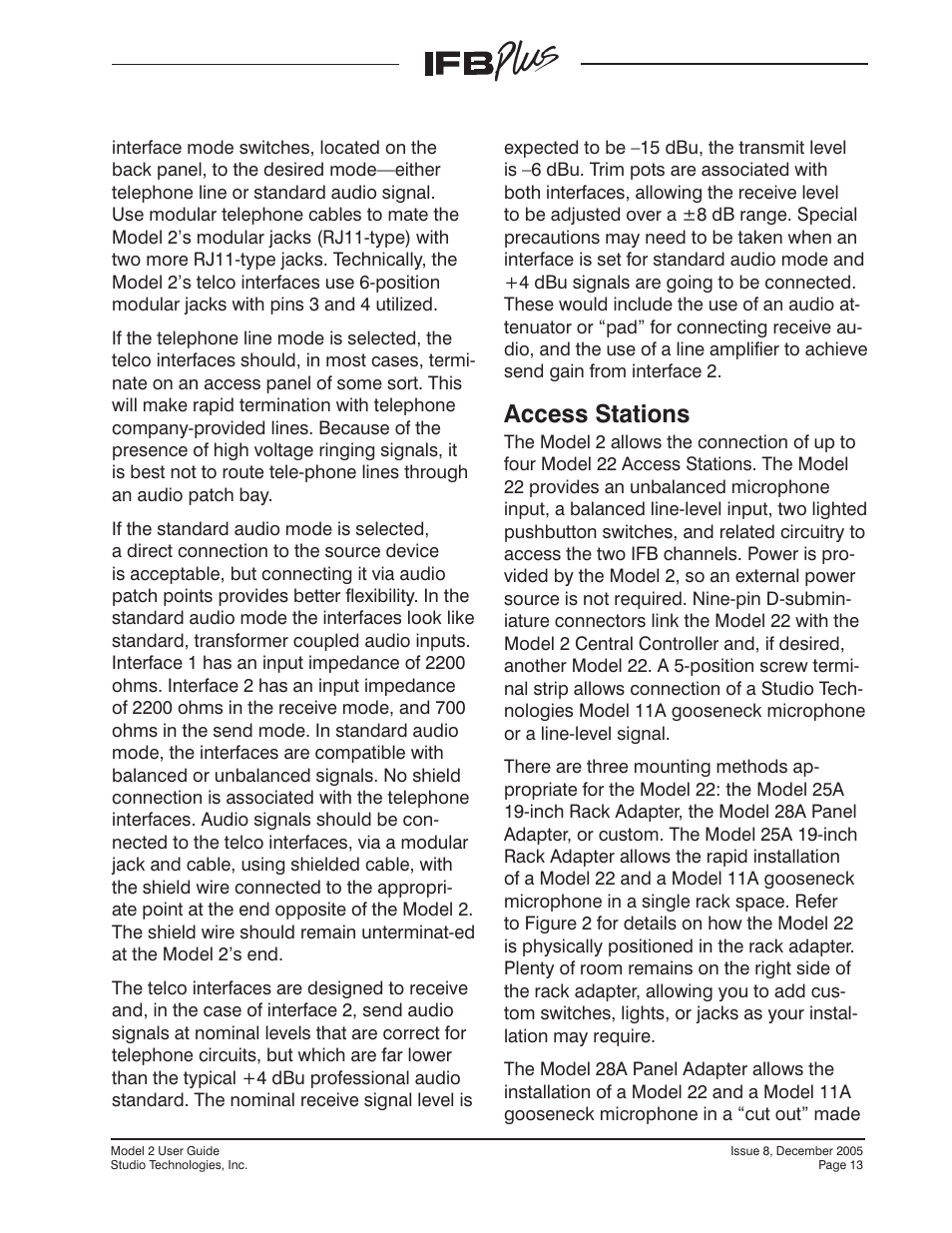 Access stations | Studio Technologies IFB Plus 2005 User Manual | Page 13 / 55