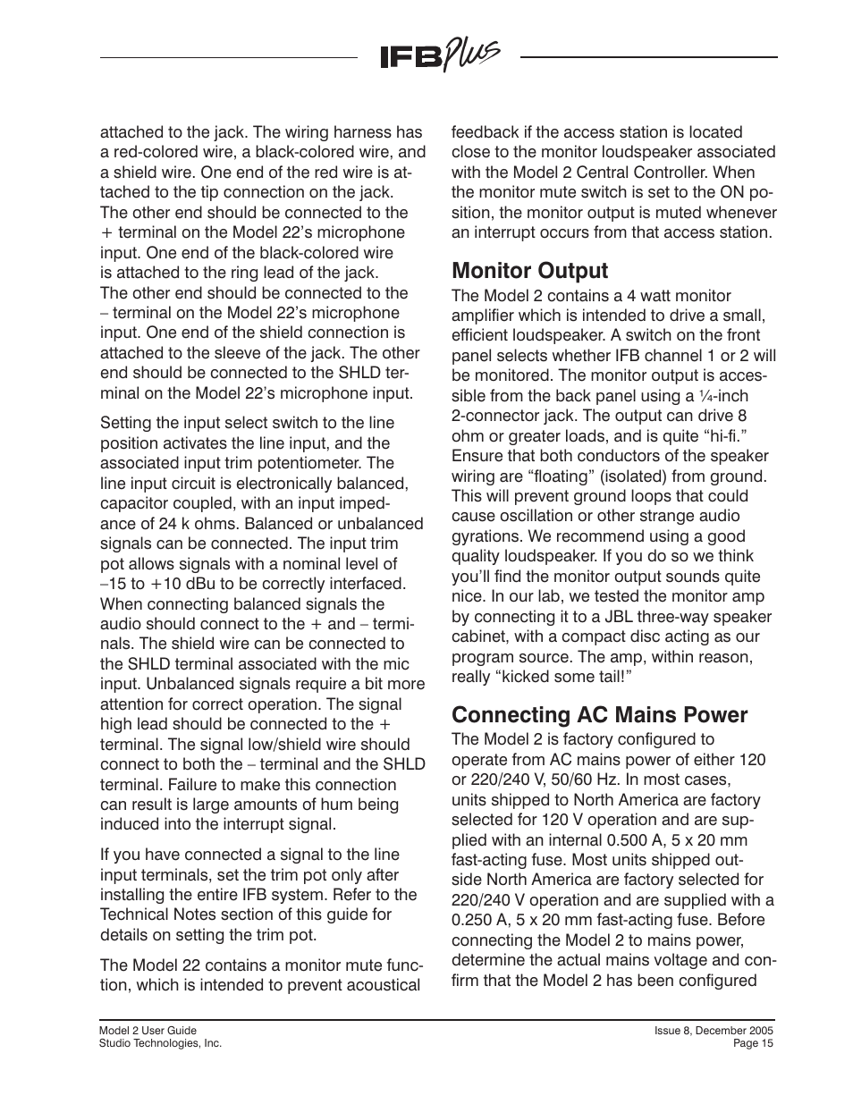 Monitor output, Connecting ac mains power | Studio Technologies IFB Plus 2005 User Manual | Page 15 / 55