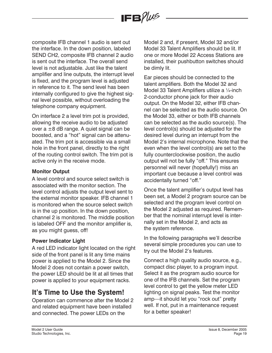 It’s time to use the system | Studio Technologies IFB Plus 2005 User Manual | Page 19 / 55