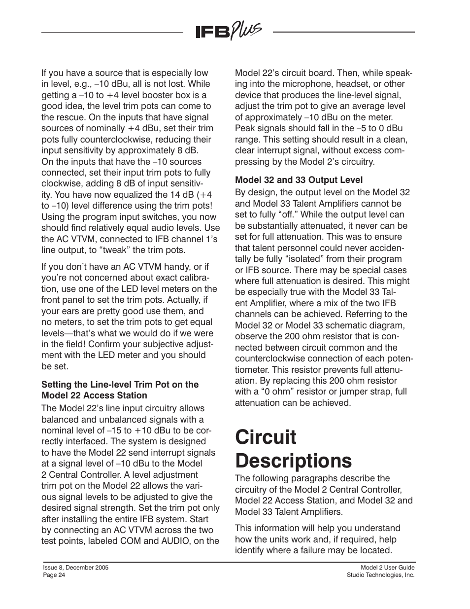 Circuit descriptions | Studio Technologies IFB Plus 2005 User Manual | Page 24 / 55