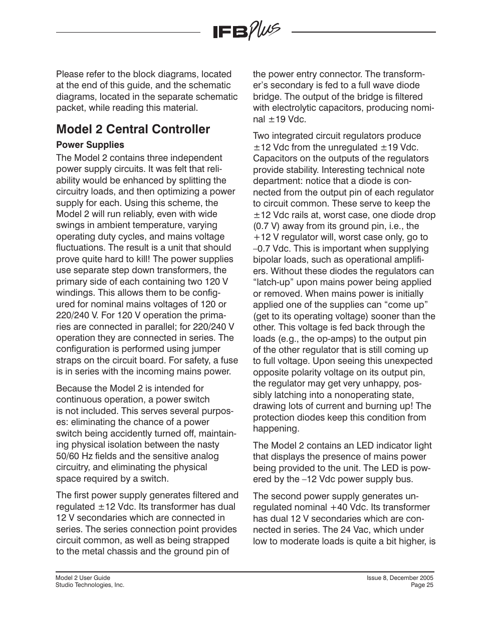 Model 2 central controller | Studio Technologies IFB Plus 2005 User Manual | Page 25 / 55
