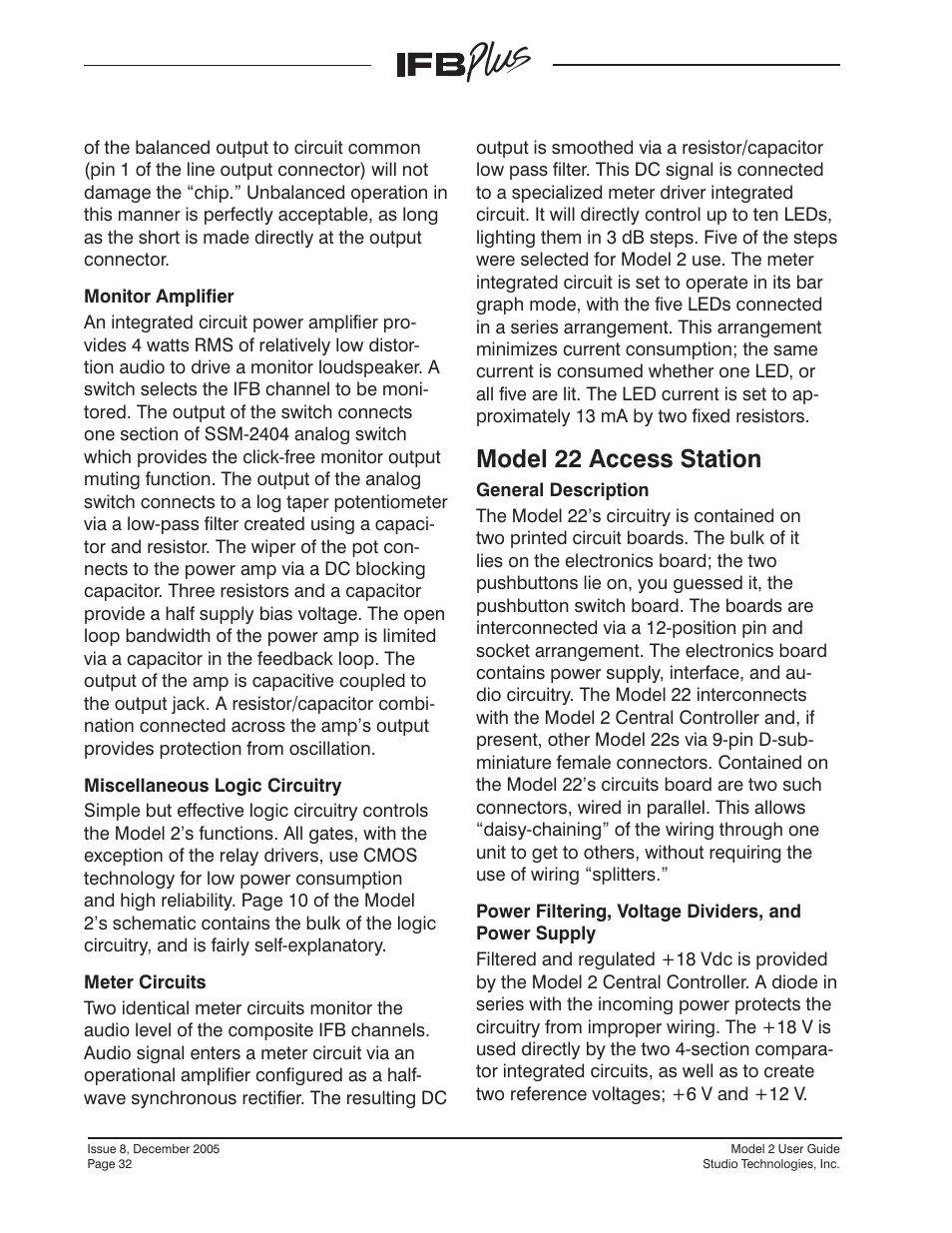 Model 22 access station | Studio Technologies IFB Plus 2005 User Manual | Page 32 / 55