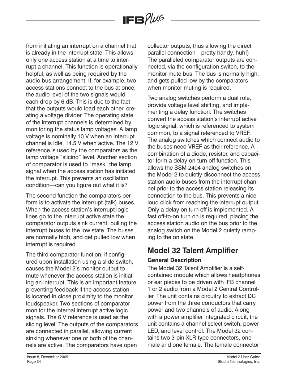 Model 32 talent amplifier | Studio Technologies IFB Plus 2005 User Manual | Page 34 / 55