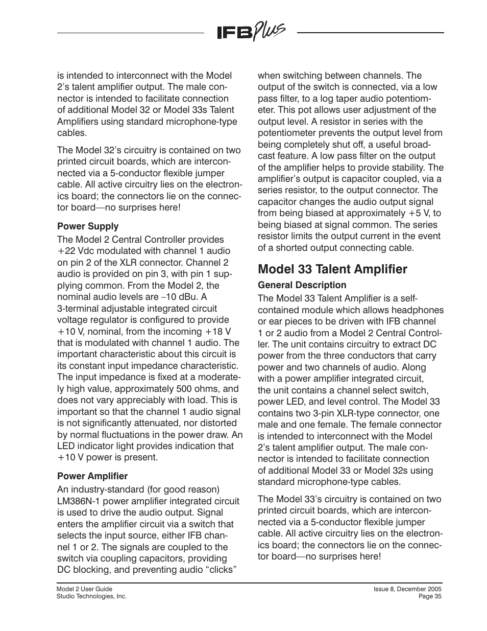 Model 33 talent amplifier | Studio Technologies IFB Plus 2005 User Manual | Page 35 / 55