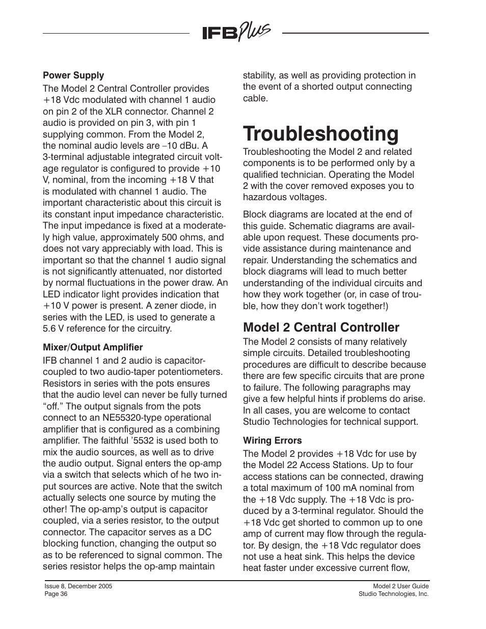 Troubleshooting, Model 2 central controller | Studio Technologies IFB Plus 2005 User Manual | Page 36 / 55