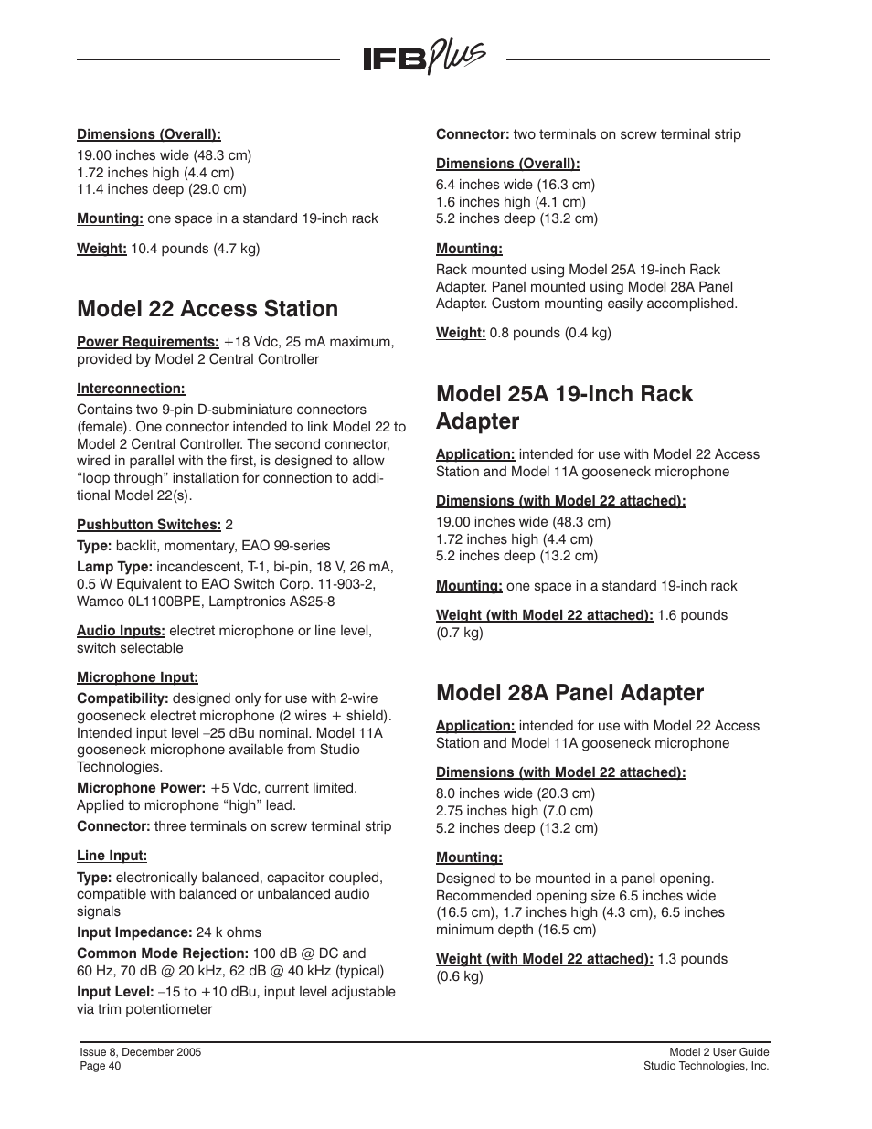 Model 22 access station, Model 25a 19-inch rack adapter, Model 28a panel adapter | Studio Technologies IFB Plus 2005 User Manual | Page 40 / 55