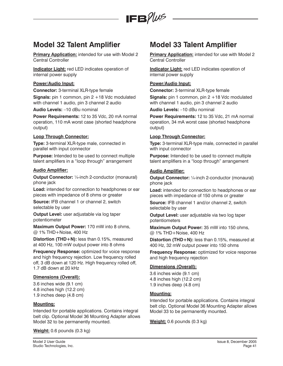 Model 32 talent amplifier, Model 33 talent amplifier | Studio Technologies IFB Plus 2005 User Manual | Page 41 / 55