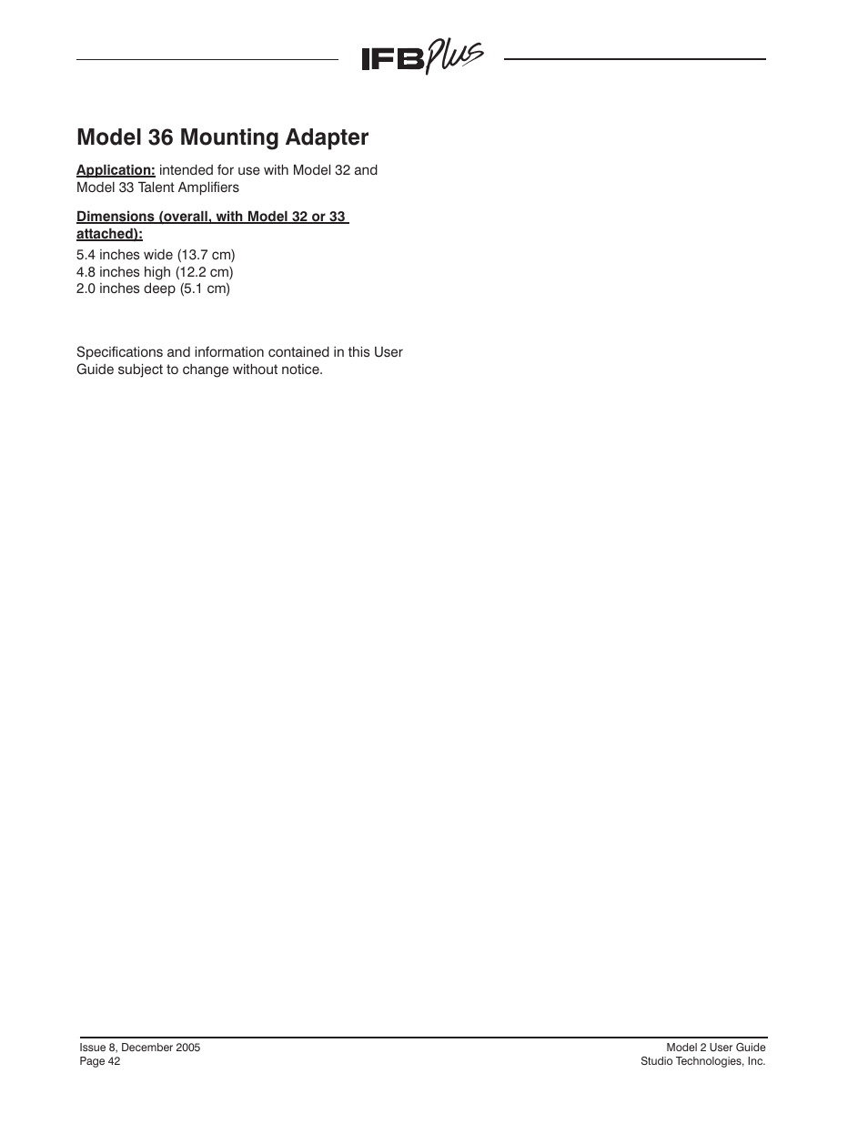 Model 36 mounting adapter | Studio Technologies IFB Plus 2005 User Manual | Page 42 / 55