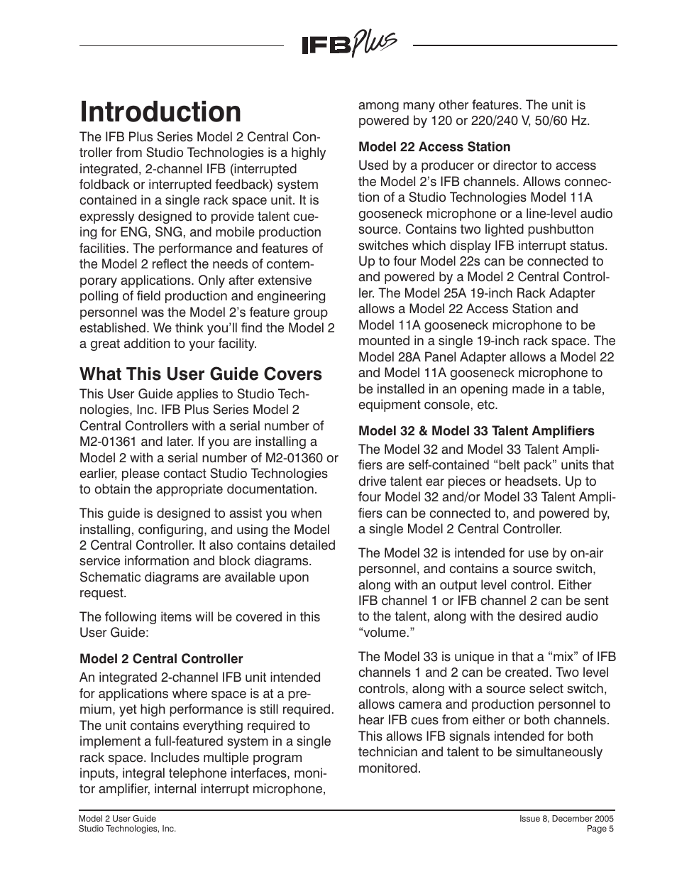 Introduction, What this user guide covers | Studio Technologies IFB Plus 2005 User Manual | Page 5 / 55