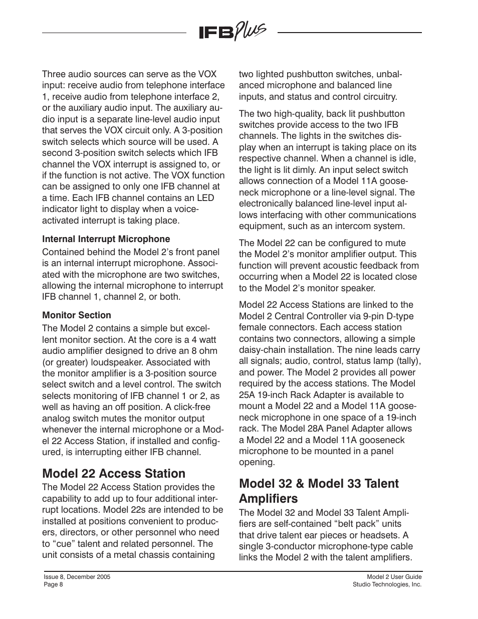 Model 22 access station, Model 32 & model 33 talent amplifiers | Studio Technologies IFB Plus 2005 User Manual | Page 8 / 55