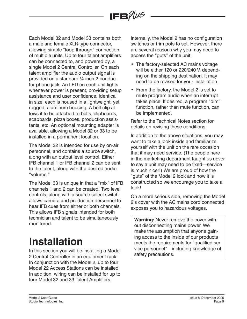 Installation | Studio Technologies IFB Plus 2005 User Manual | Page 9 / 55