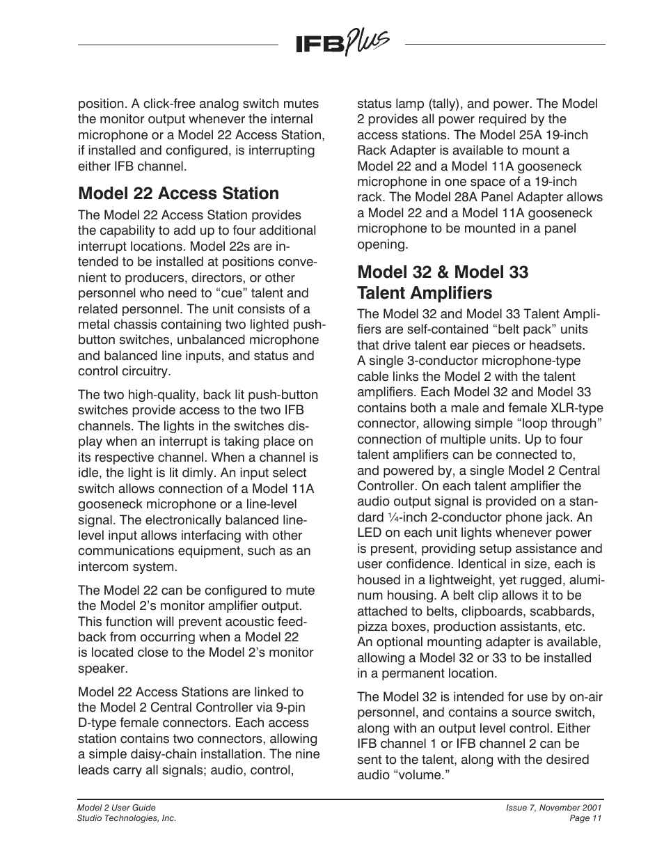 Model 22 access station, Model 32 & model 33 talent amplifiers | Studio Technologies IFB Plus 2001 User Manual | Page 11 / 63