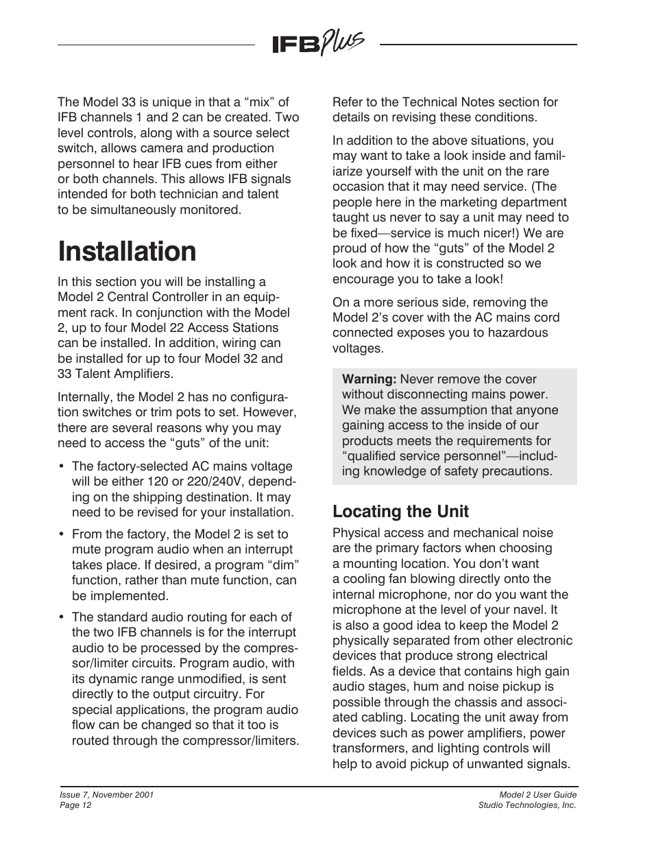 Installation, Locating the unit | Studio Technologies IFB Plus 2001 User Manual | Page 12 / 63