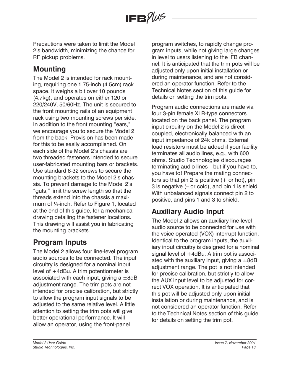 Mounting, Program inputs, Auxiliary audio input | Studio Technologies IFB Plus 2001 User Manual | Page 13 / 63