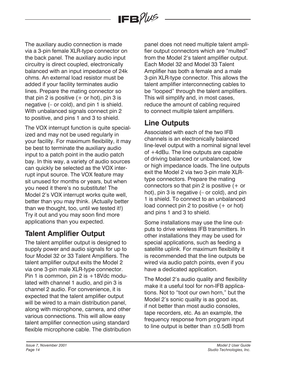 Talent amplifier output, Line outputs | Studio Technologies IFB Plus 2001 User Manual | Page 14 / 63