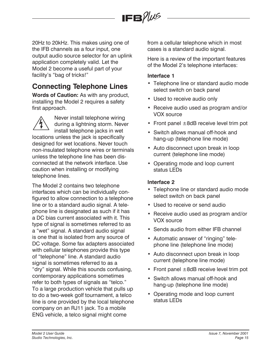 Connecting telephone lines | Studio Technologies IFB Plus 2001 User Manual | Page 15 / 63