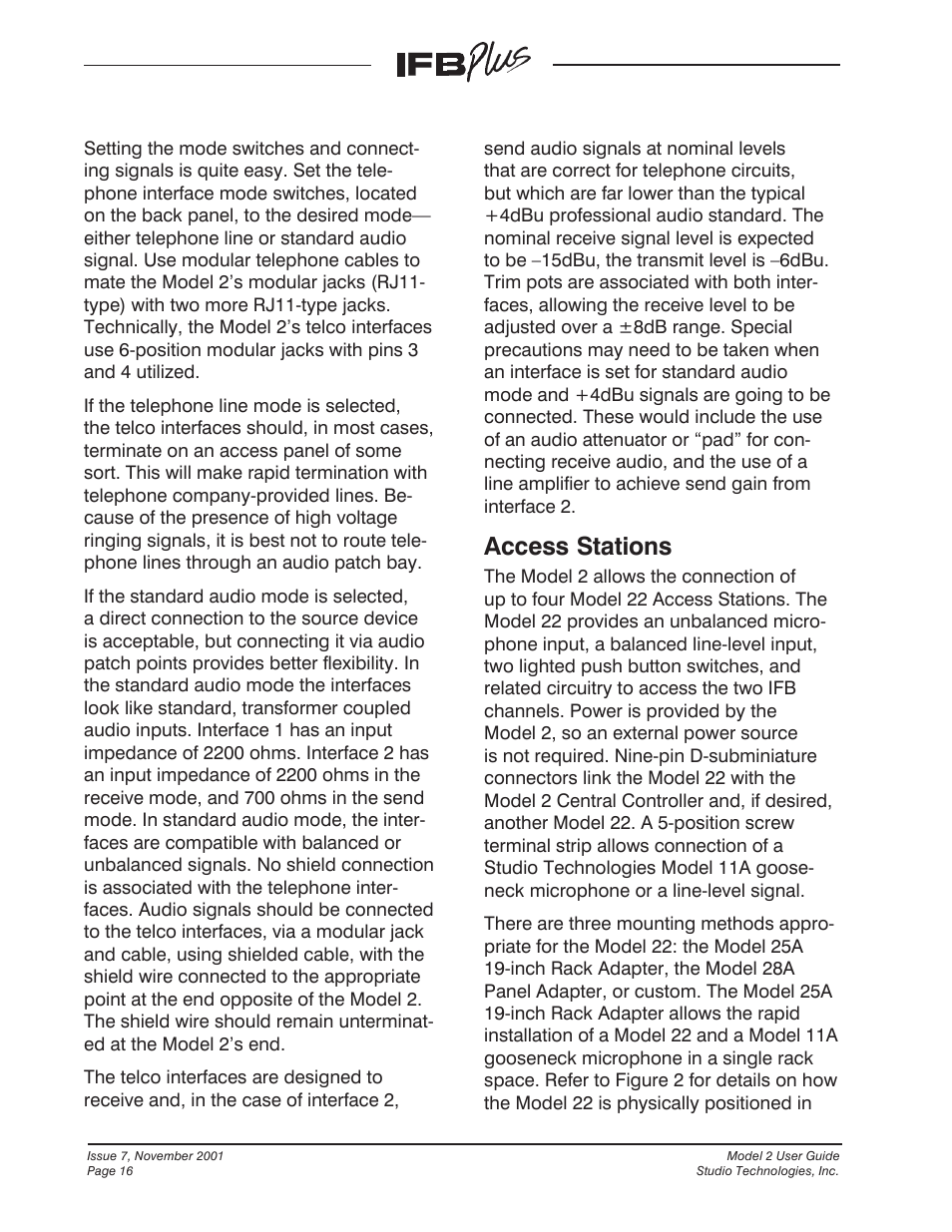 Access stations | Studio Technologies IFB Plus 2001 User Manual | Page 16 / 63