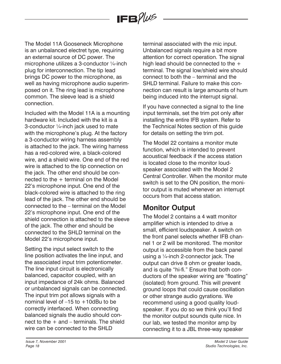 Monitor output | Studio Technologies IFB Plus 2001 User Manual | Page 18 / 63