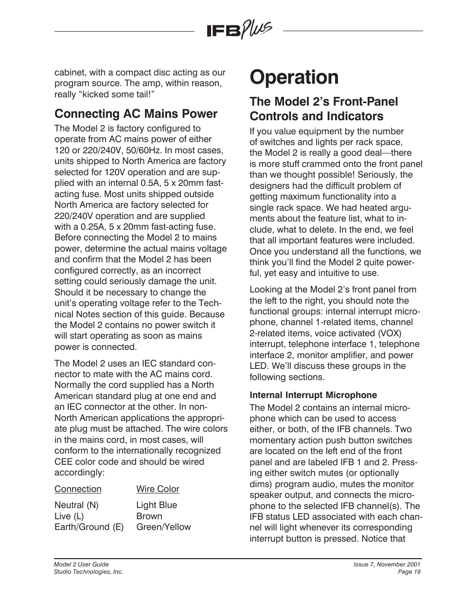 Operation, Connecting ac mains power, The model 2’s front-panel controls and indicators | Studio Technologies IFB Plus 2001 User Manual | Page 19 / 63