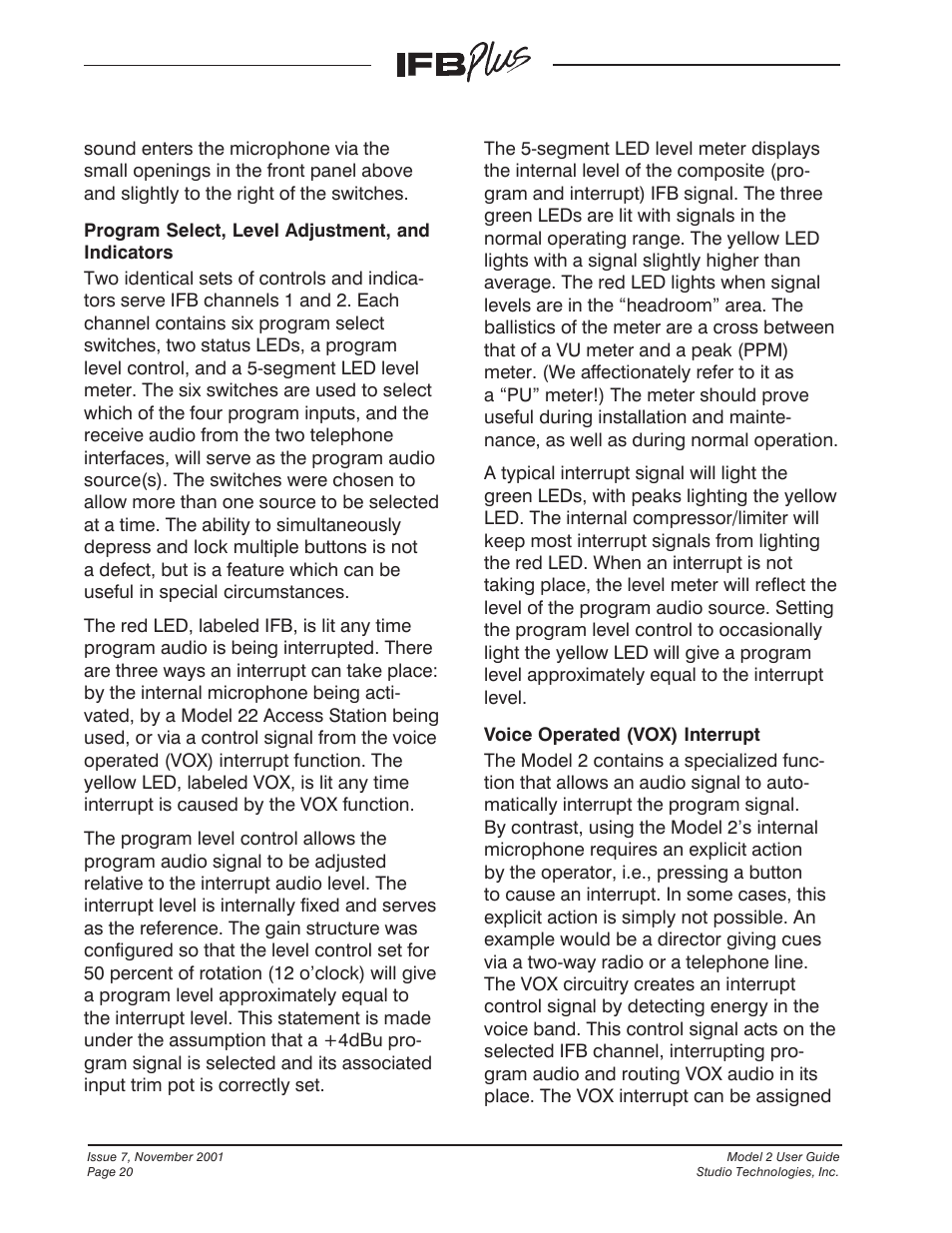 Studio Technologies IFB Plus 2001 User Manual | Page 20 / 63