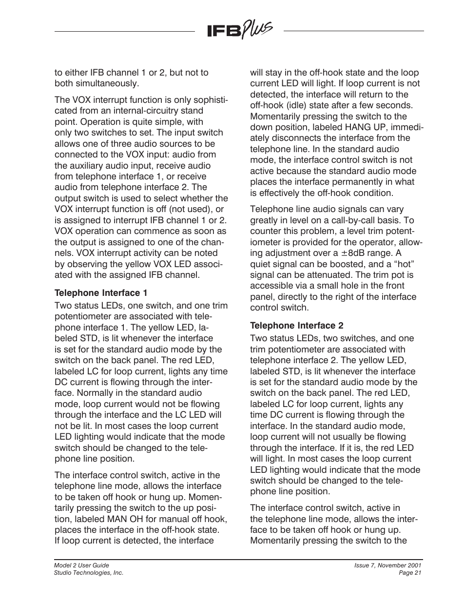Studio Technologies IFB Plus 2001 User Manual | Page 21 / 63