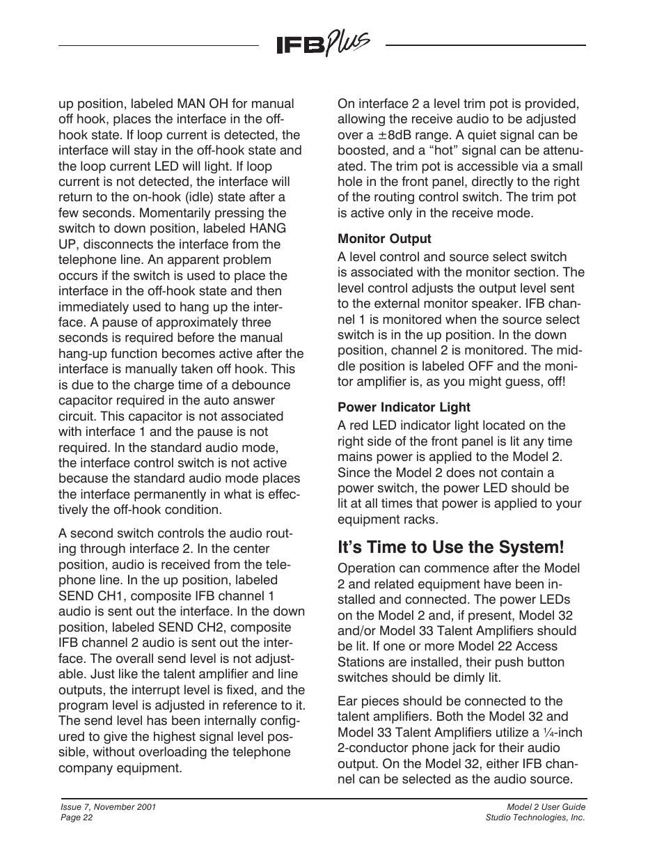 It’s time to use the system | Studio Technologies IFB Plus 2001 User Manual | Page 22 / 63