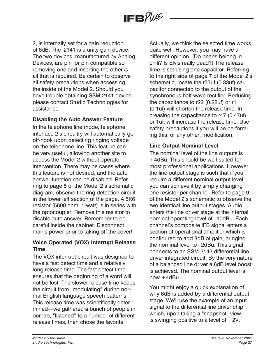 Studio Technologies IFB Plus 2001 User Manual | Page 27 / 63