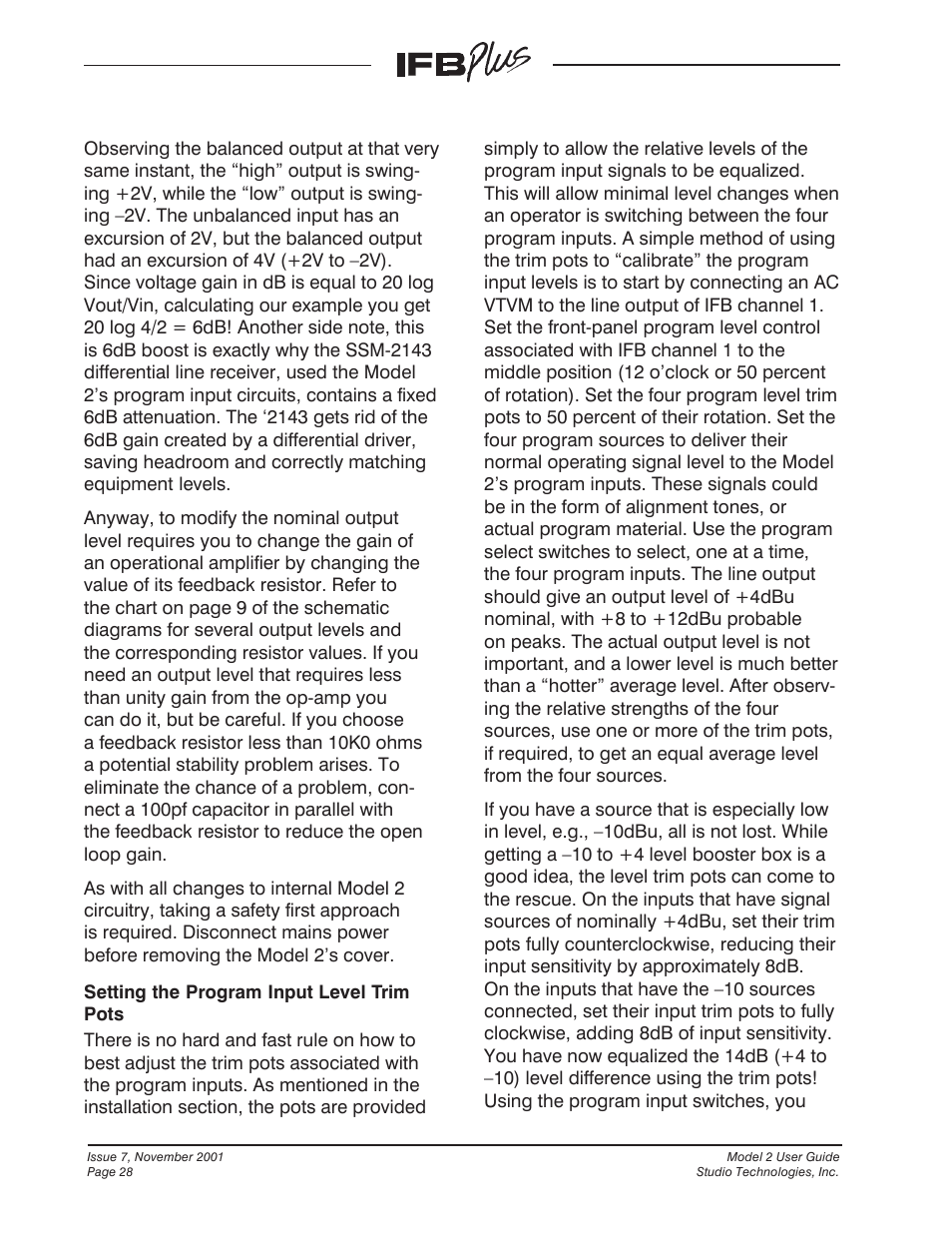 Studio Technologies IFB Plus 2001 User Manual | Page 28 / 63