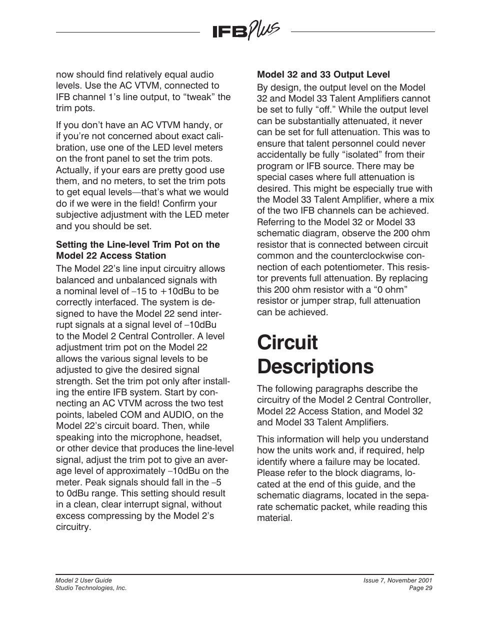 Circuit descriptions | Studio Technologies IFB Plus 2001 User Manual | Page 29 / 63