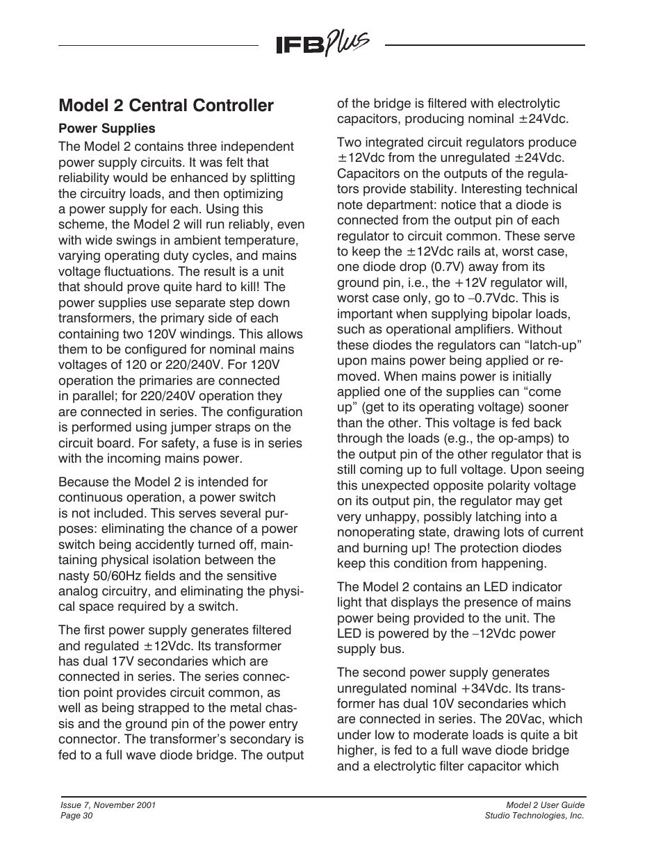 Model 2 central controller | Studio Technologies IFB Plus 2001 User Manual | Page 30 / 63