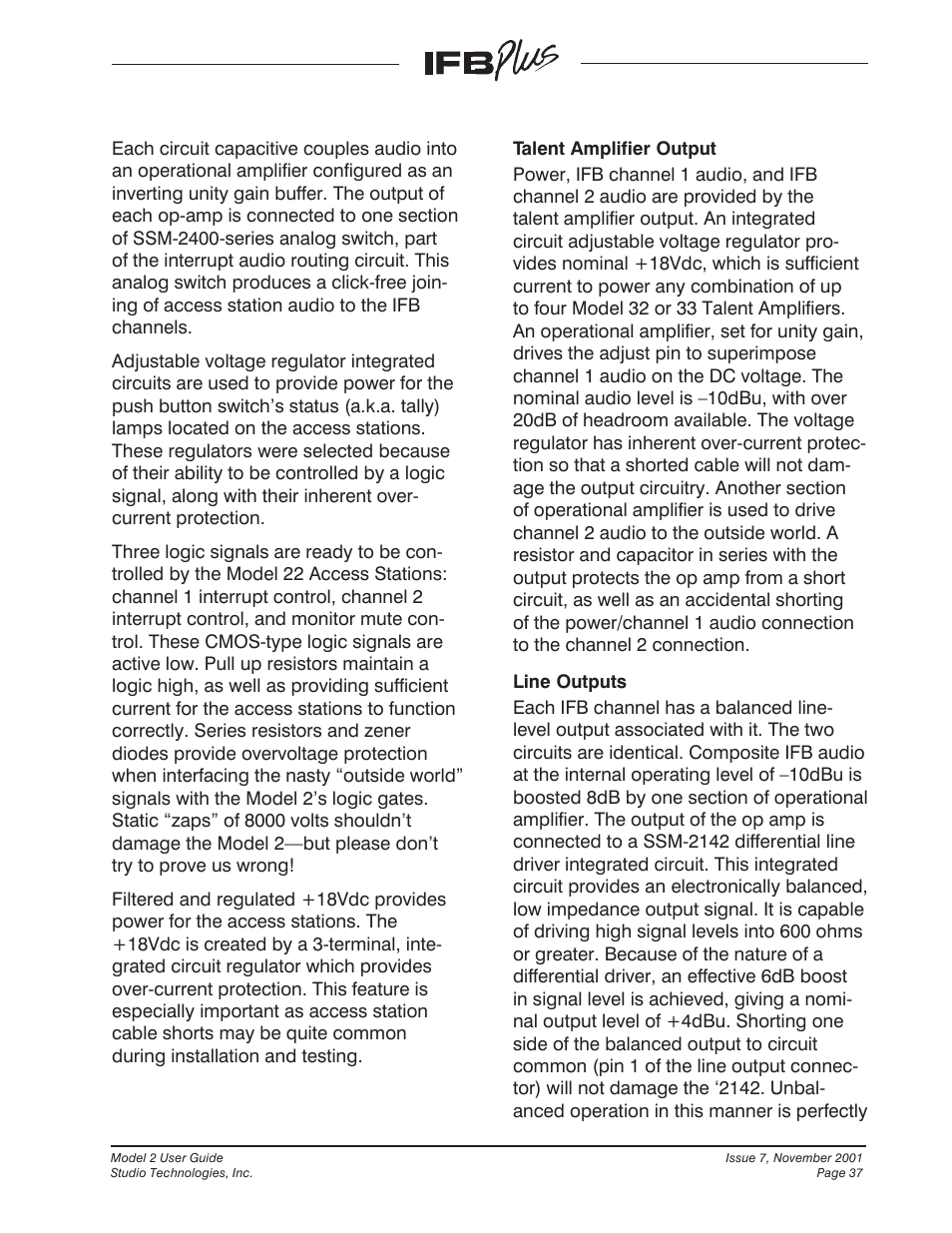 Studio Technologies IFB Plus 2001 User Manual | Page 37 / 63