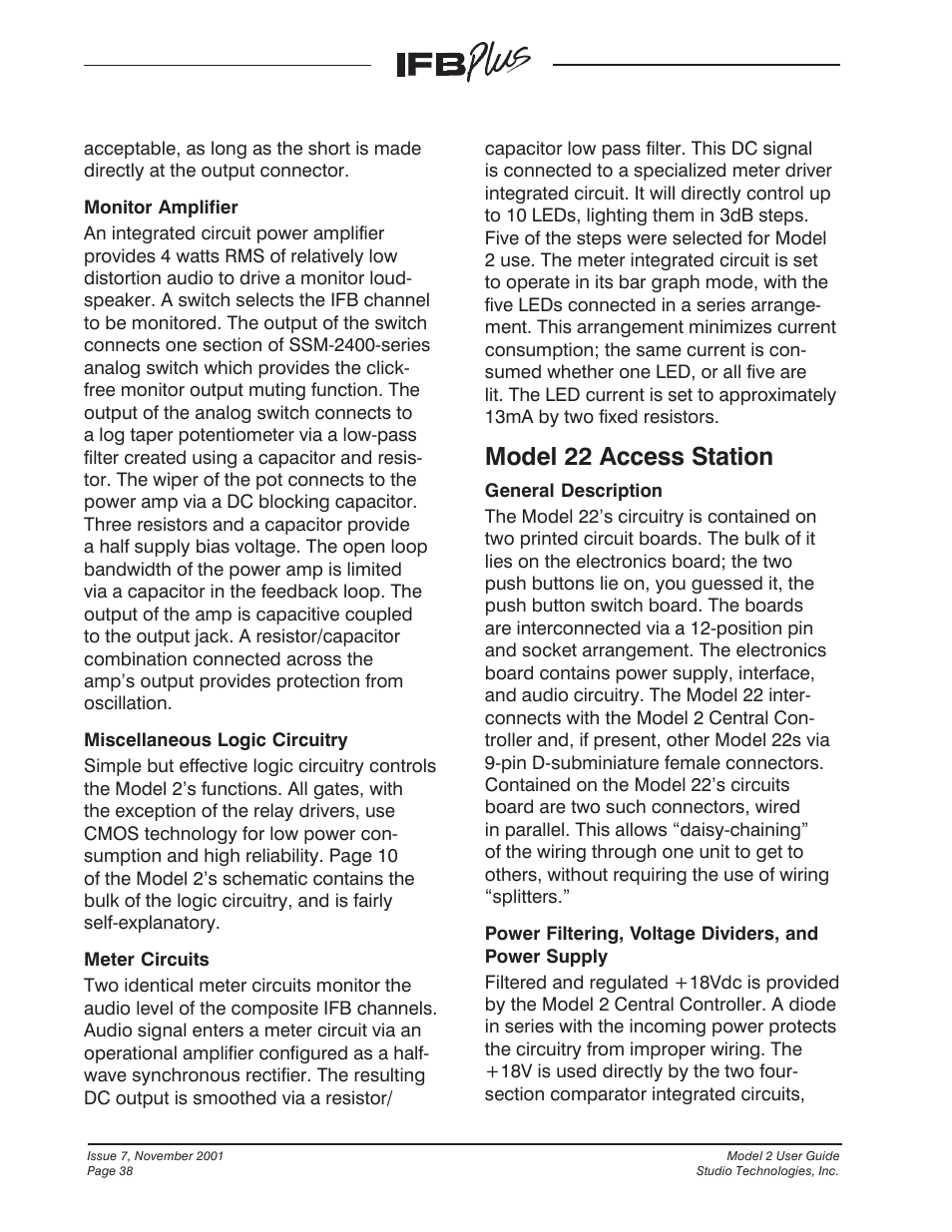 Model 22 access station | Studio Technologies IFB Plus 2001 User Manual | Page 38 / 63