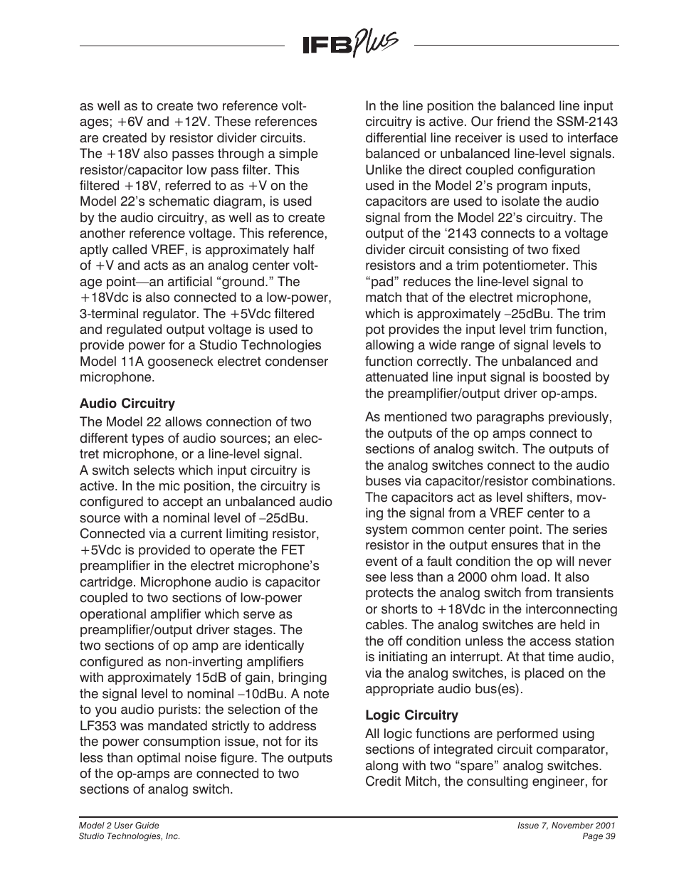 Studio Technologies IFB Plus 2001 User Manual | Page 39 / 63