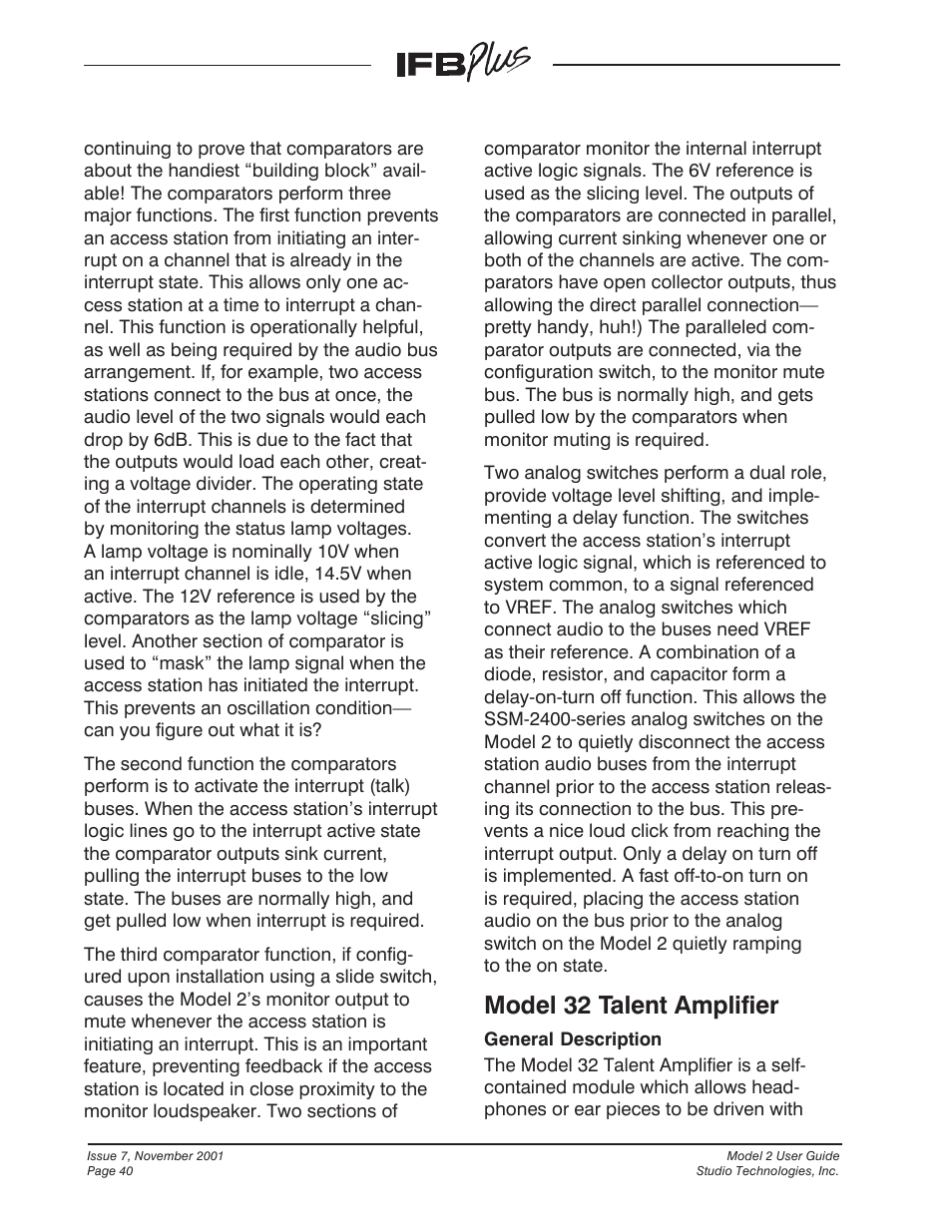 Model 32 talent amplifier | Studio Technologies IFB Plus 2001 User Manual | Page 40 / 63